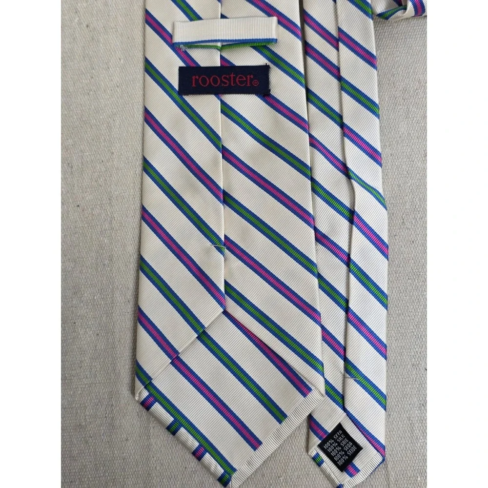 Rooster‎ Mens Silk Necktie White Blue Green Pink Striped Classic Tie